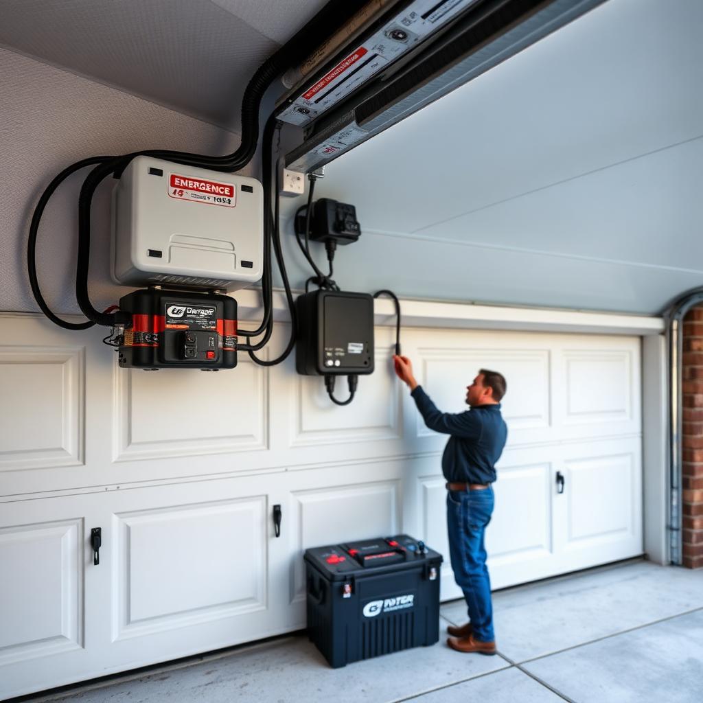 Garage door battery backup system installation for emergency power