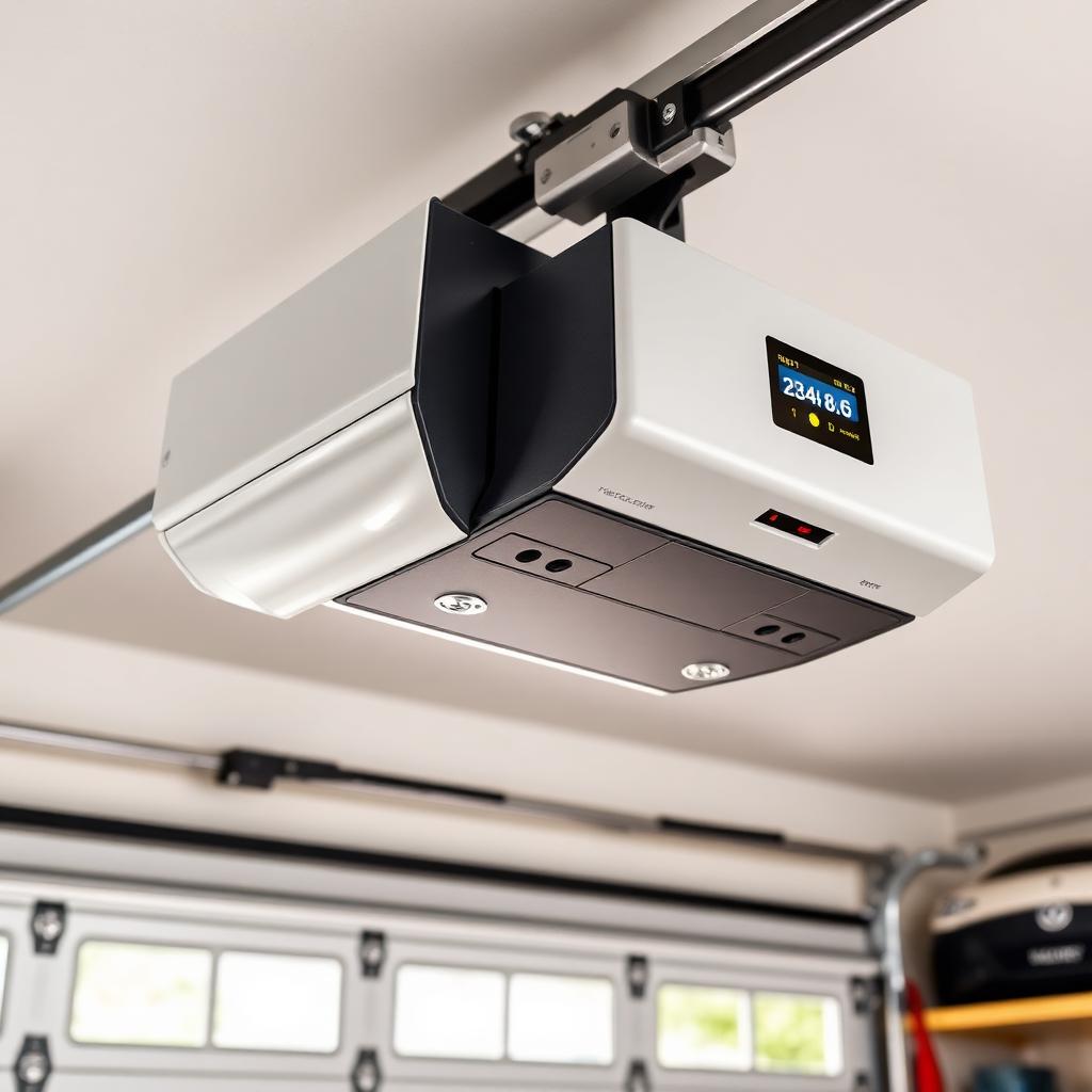 Modern smart garage door opener with digital display mounted on ceiling