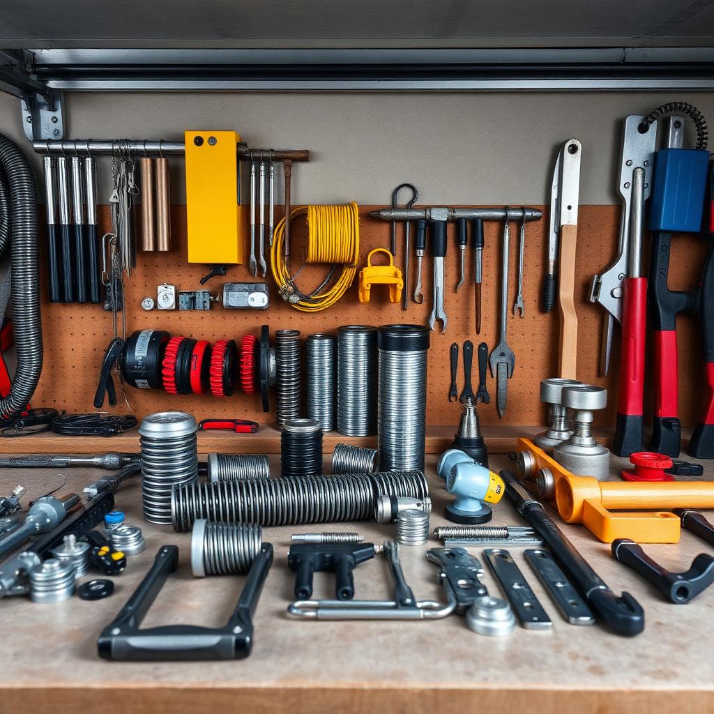 Garage door repair parts and tools organized on professional workbench
