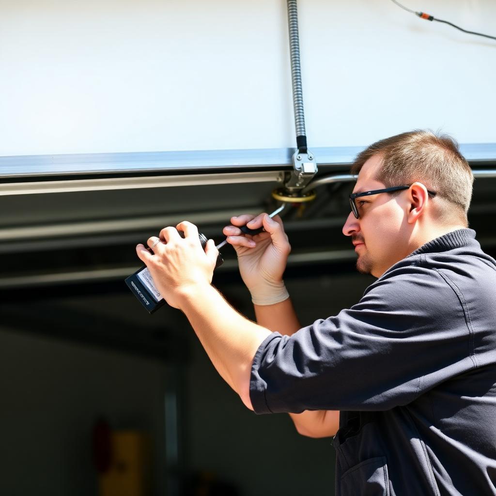 Technician performing spring garage door maintenance and lubrication