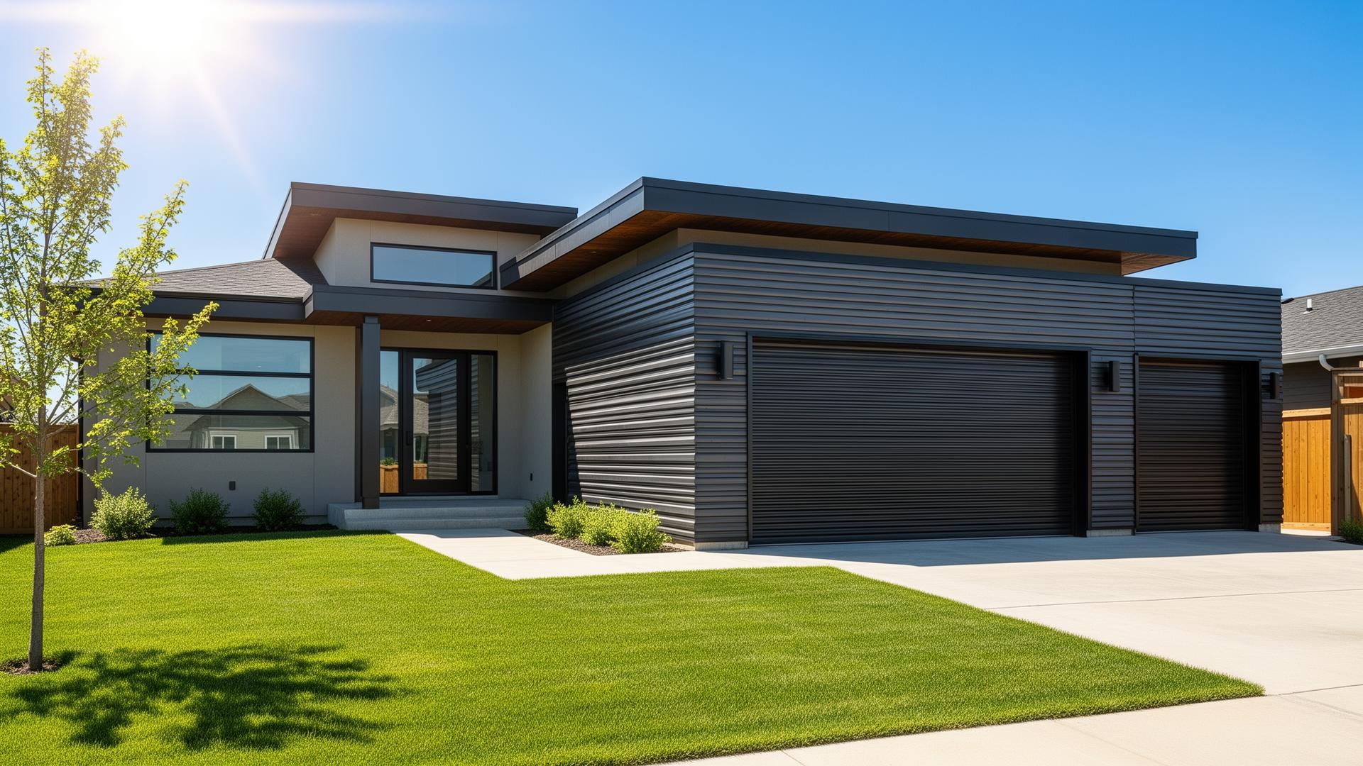 Modern prairie style home with industrial ribbed steel garage doors in North Greece NY