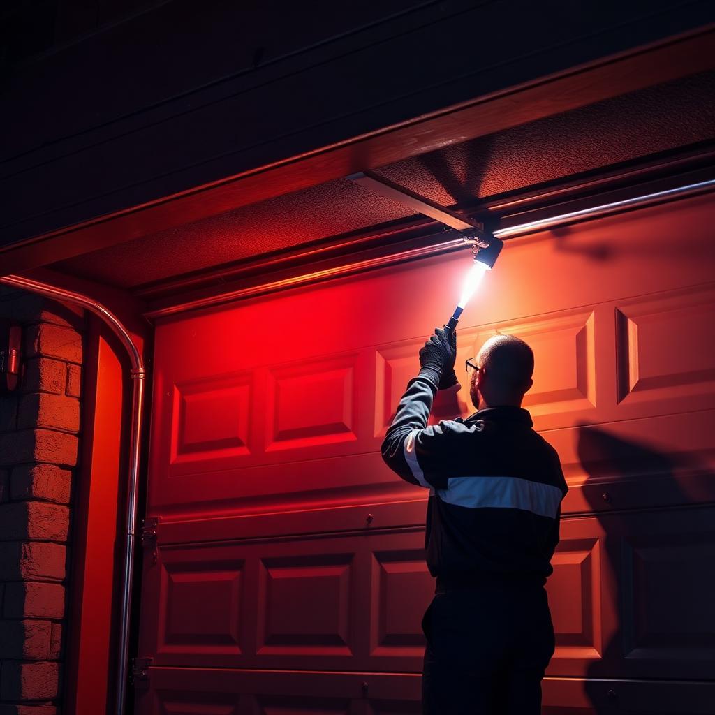 Emergency garage door repair service technician working at night