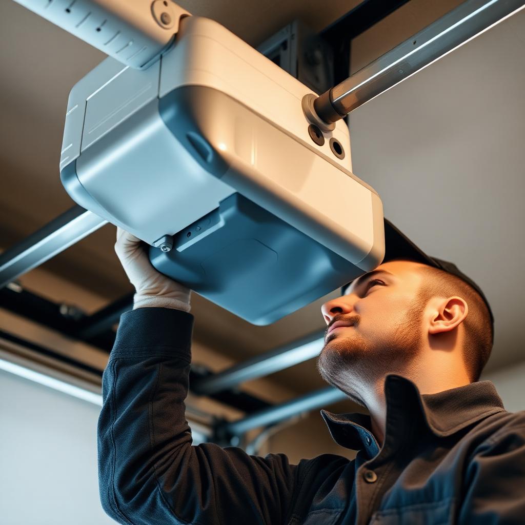 Professional technician installing garage door opener motor on ceiling in North Greece NY